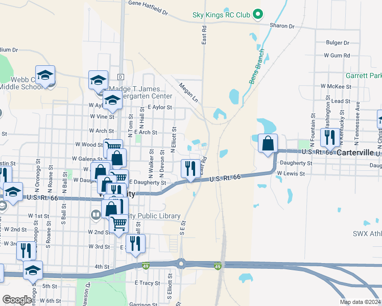 map of restaurants, bars, coffee shops, grocery stores, and more near 530 North East Street in Webb City
