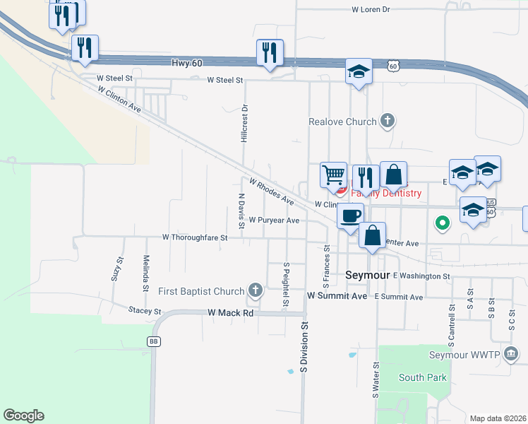 map of restaurants, bars, coffee shops, grocery stores, and more near 601-699 West Puryear Avenue in Seymour
