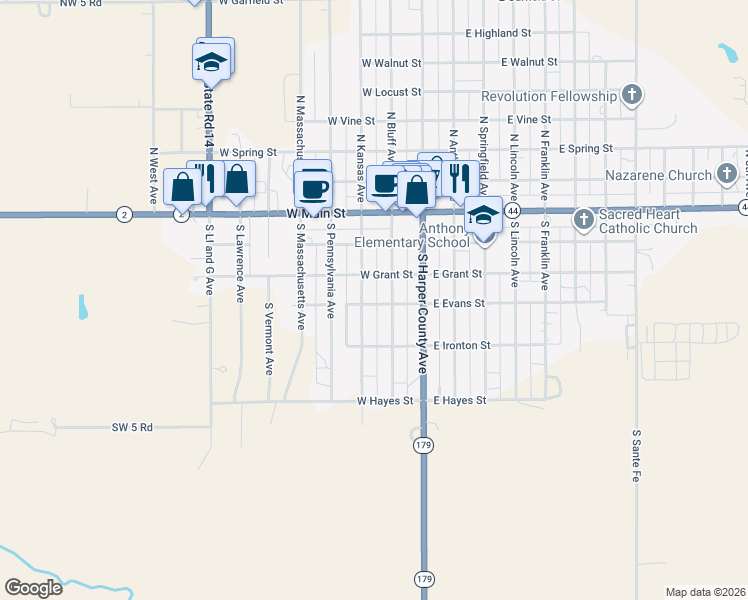 map of restaurants, bars, coffee shops, grocery stores, and more near 249-299 West Evans Street in Anthony