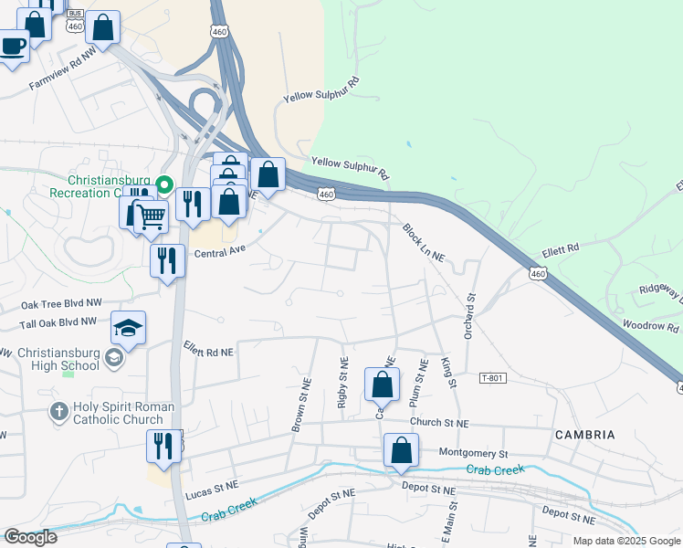 map of restaurants, bars, coffee shops, grocery stores, and more near 465 Newcomb Street in Christiansburg