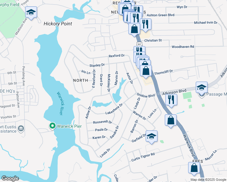 map of restaurants, bars, coffee shops, grocery stores, and more near 4 Marvin Drive in Newport News