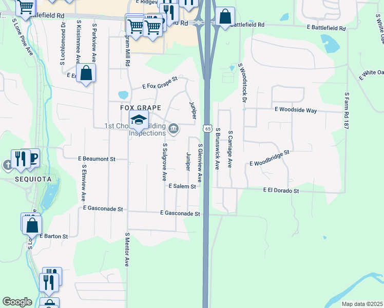 map of restaurants, bars, coffee shops, grocery stores, and more near 3440 South Juniper Avenue in Springfield