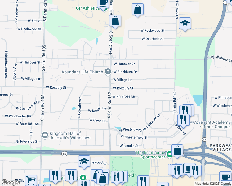 map of restaurants, bars, coffee shops, grocery stores, and more near 2651 West Primrose Lane in Springfield