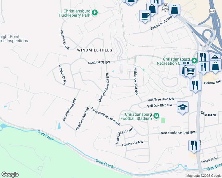 map of restaurants, bars, coffee shops, grocery stores, and more near 720 Twisted Oak Drive Northwest in Christiansburg