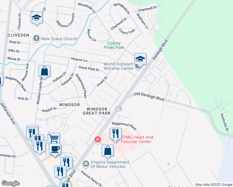 map of restaurants, bars, coffee shops, grocery stores, and more near 11 Gainsborough Place in Newport News