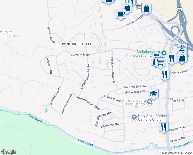 map of restaurants, bars, coffee shops, grocery stores, and more near 105 Twig Street in Christiansburg