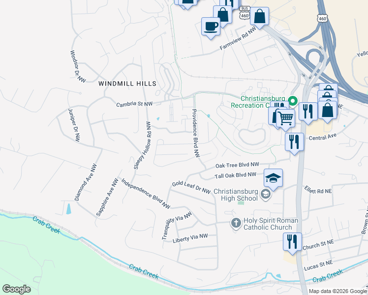map of restaurants, bars, coffee shops, grocery stores, and more near 295 Twig Street in Christiansburg