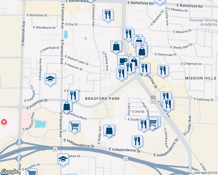 map of restaurants, bars, coffee shops, grocery stores, and more near 1717 East Primrose Street in Springfield