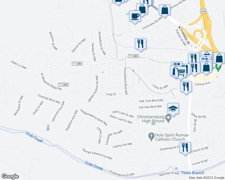 map of restaurants, bars, coffee shops, grocery stores, and more near 570 Pin Oak Drive Northwest in Christiansburg