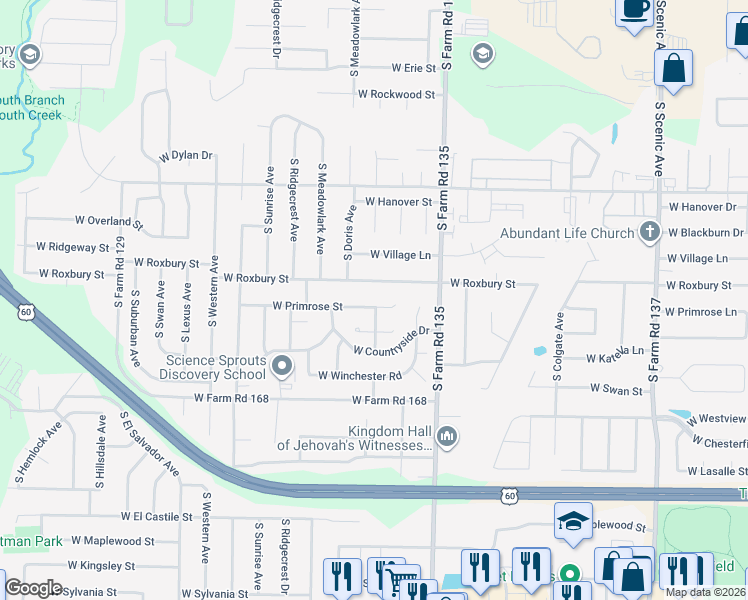 map of restaurants, bars, coffee shops, grocery stores, and more near 3246 West Primrose Street in Springfield