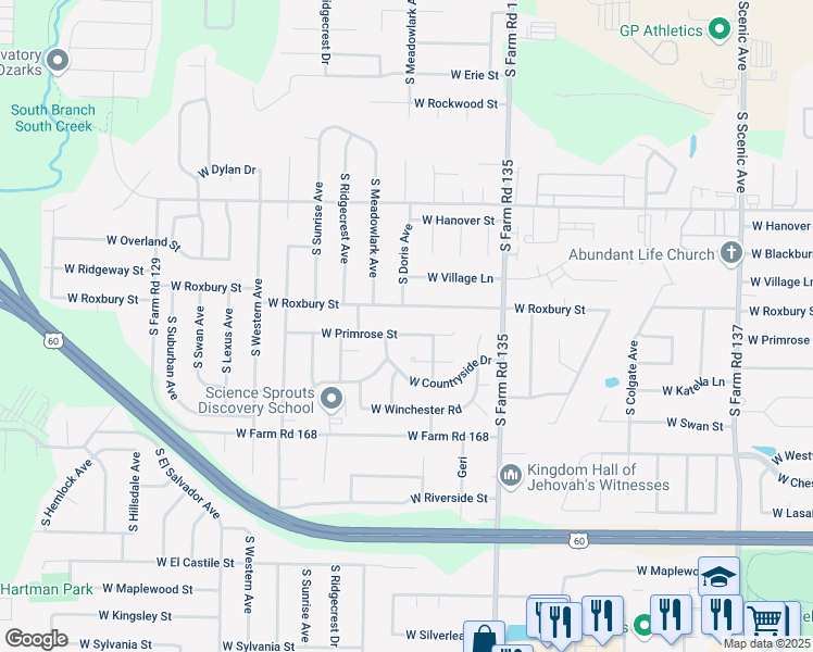 map of restaurants, bars, coffee shops, grocery stores, and more near 3246 West Primrose Street in Springfield