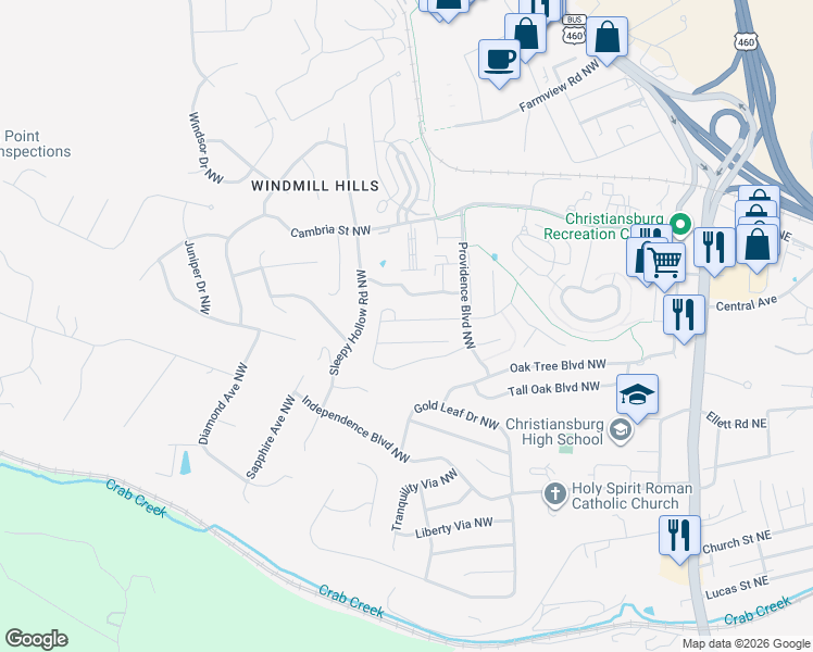 map of restaurants, bars, coffee shops, grocery stores, and more near 105 Twig Street in Christiansburg