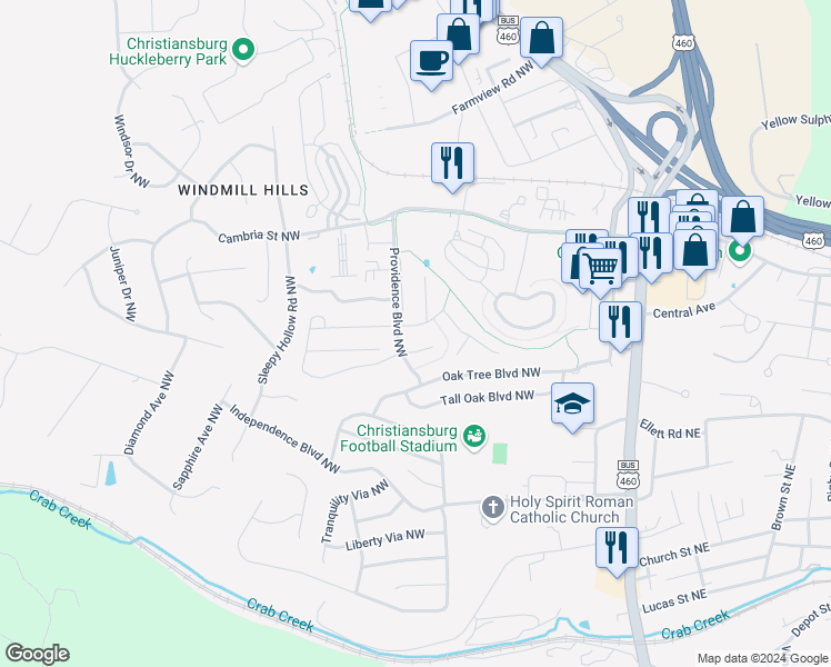 map of restaurants, bars, coffee shops, grocery stores, and more near 360 Pin Oak Drive Northwest in Christiansburg