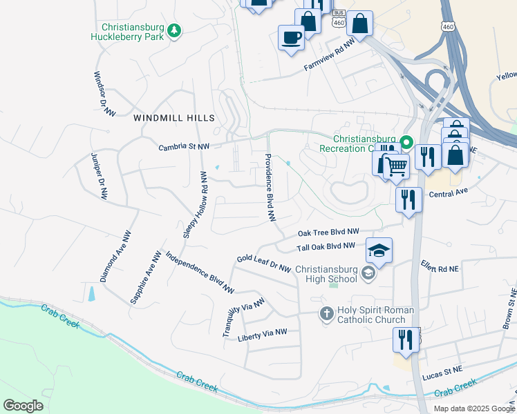 map of restaurants, bars, coffee shops, grocery stores, and more near 295 Twig Street in Christiansburg