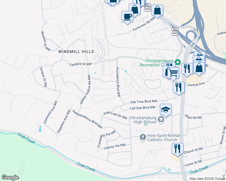 map of restaurants, bars, coffee shops, grocery stores, and more near 420 Pin Oak Drive Northwest in Christiansburg