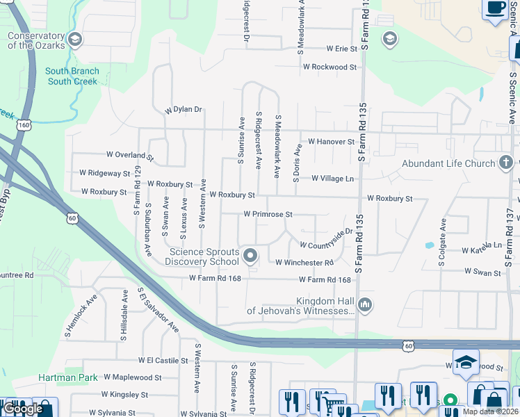 map of restaurants, bars, coffee shops, grocery stores, and more near 3380 West Primrose Street in Springfield