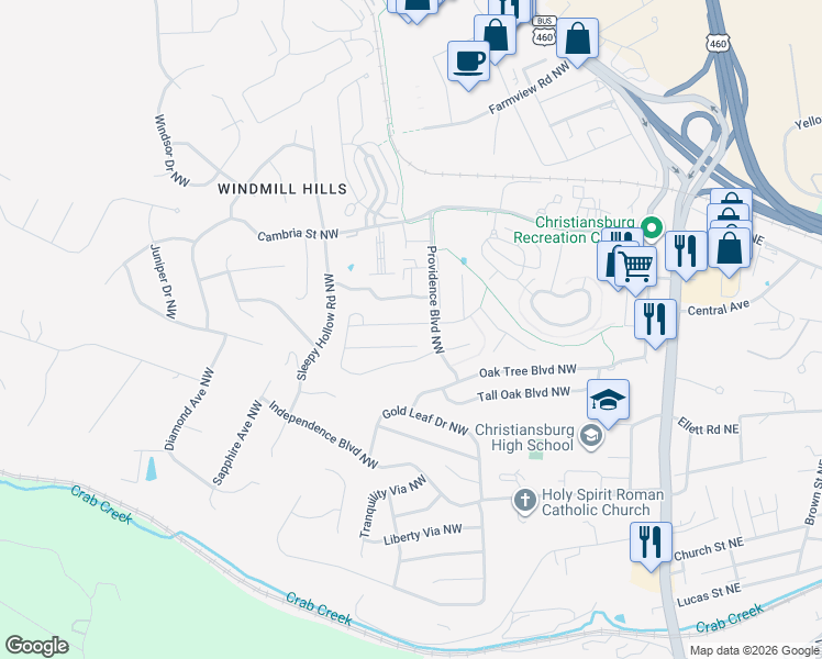 map of restaurants, bars, coffee shops, grocery stores, and more near 295 Twig Street in Christiansburg