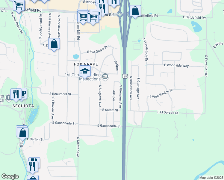 map of restaurants, bars, coffee shops, grocery stores, and more near 3505 Juniper in Springfield