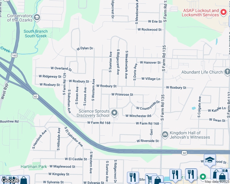 map of restaurants, bars, coffee shops, grocery stores, and more near 3380 West Primrose Street in Springfield