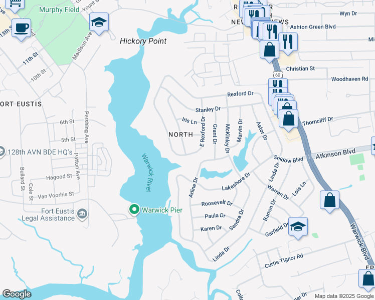 map of restaurants, bars, coffee shops, grocery stores, and more near 2 Cathy Drive in Newport News
