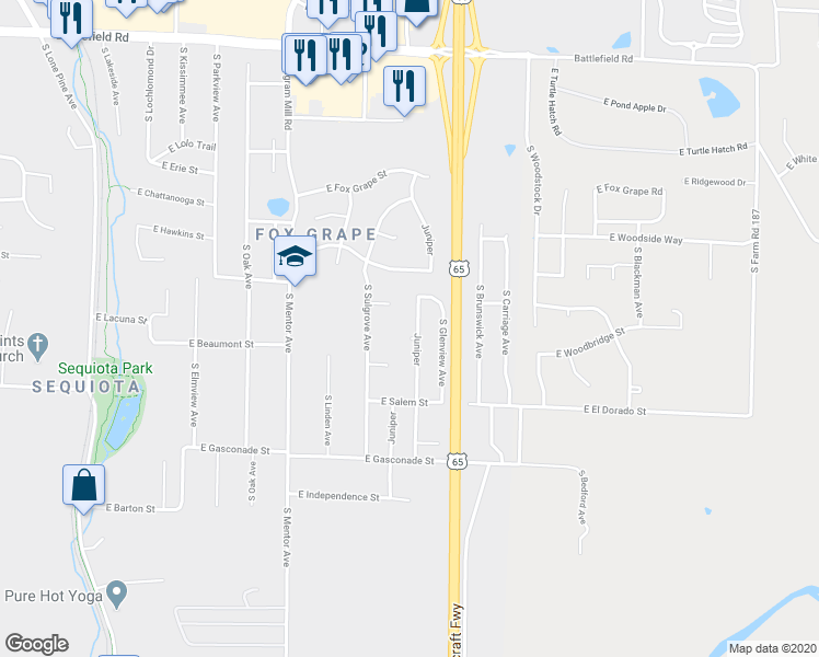 map of restaurants, bars, coffee shops, grocery stores, and more near 3439 South Juniper Avenue in Springfield