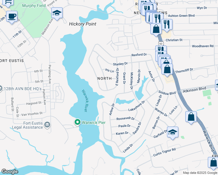 map of restaurants, bars, coffee shops, grocery stores, and more near 2 Cathy Drive in Newport News