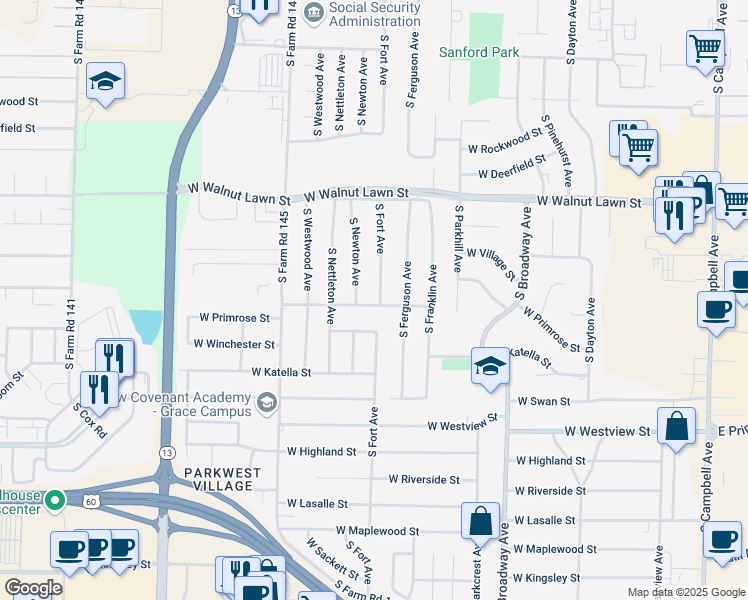 map of restaurants, bars, coffee shops, grocery stores, and more near 1228 West Winkler Street in Springfield