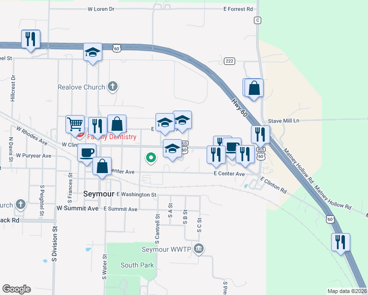 map of restaurants, bars, coffee shops, grocery stores, and more near East Clinton Avenue in Seymour