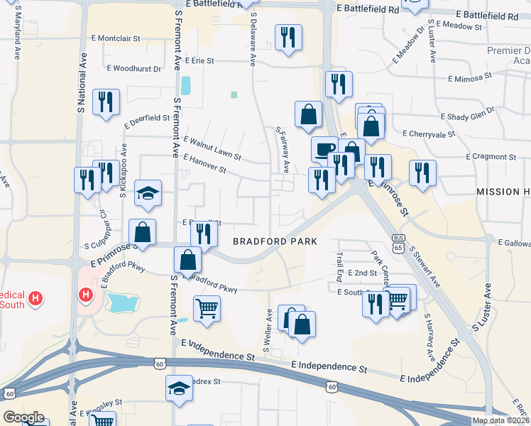 map of restaurants, bars, coffee shops, grocery stores, and more near 3529 South Delaware Avenue in Springfield