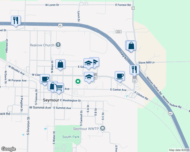 map of restaurants, bars, coffee shops, grocery stores, and more near 577 East Clinton Avenue in Seymour