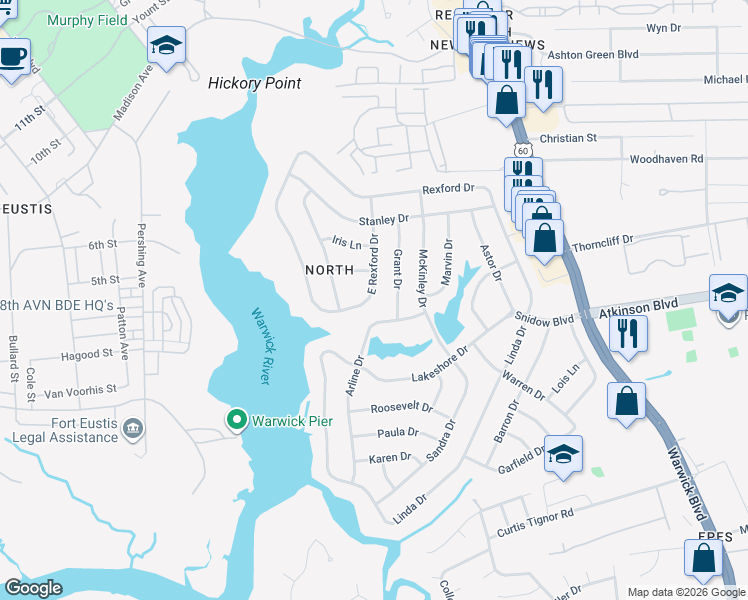 map of restaurants, bars, coffee shops, grocery stores, and more near 43 Arline Drive in Newport News
