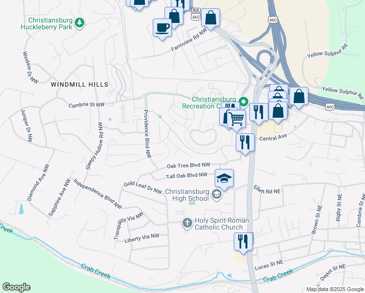 map of restaurants, bars, coffee shops, grocery stores, and more near 295 Willow Oak Drive Northwest in Christiansburg