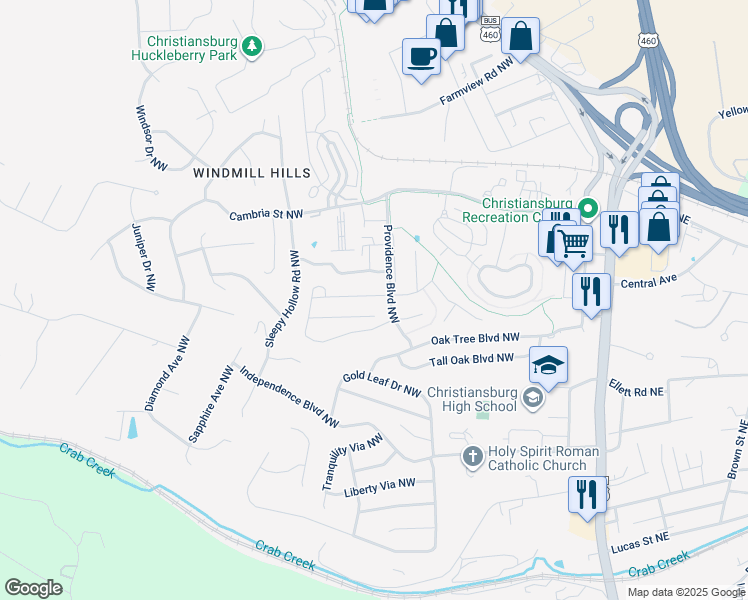 map of restaurants, bars, coffee shops, grocery stores, and more near 295 Twig Street in Christiansburg