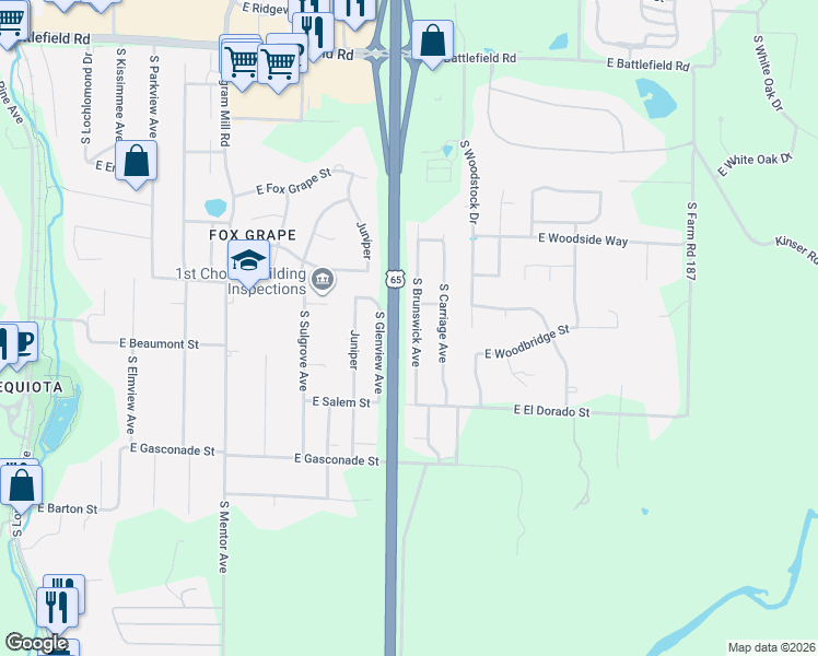map of restaurants, bars, coffee shops, grocery stores, and more near 3460 South Brunswick Avenue in Springfield