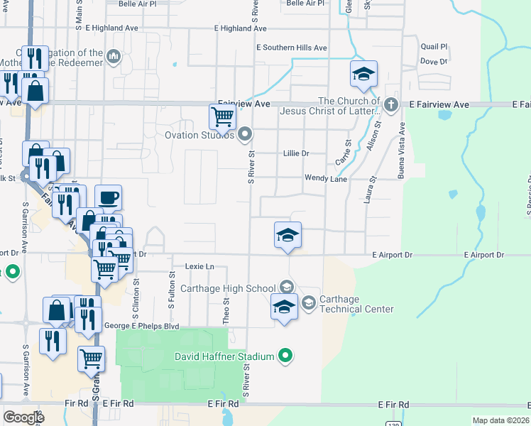 map of restaurants, bars, coffee shops, grocery stores, and more near 908 Gene Taylor Drive in Carthage