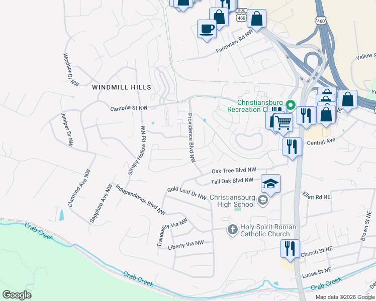 map of restaurants, bars, coffee shops, grocery stores, and more near 1330 Providence Boulevard Northwest in Christiansburg