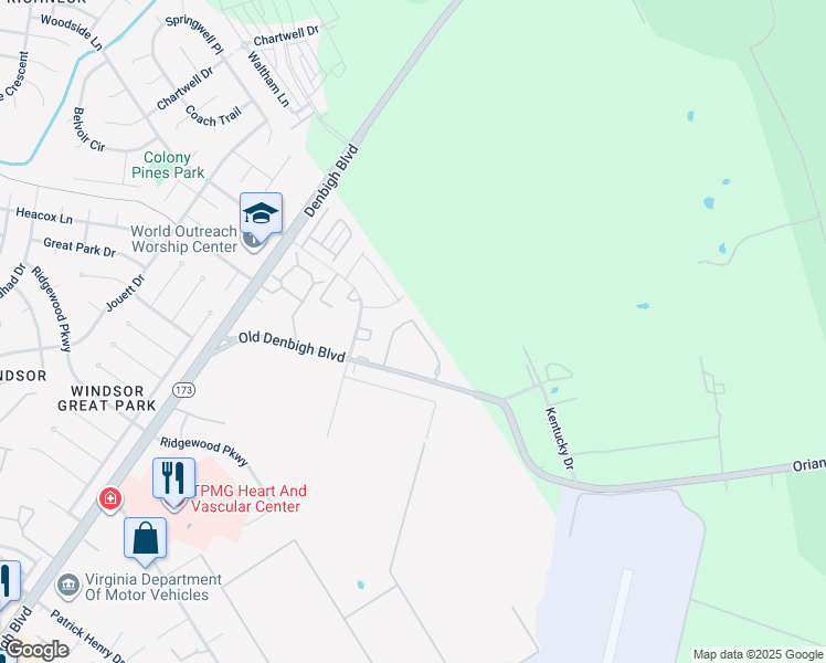 map of restaurants, bars, coffee shops, grocery stores, and more near 55 Otsego Drive in Newport News