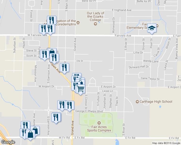 map of restaurants, bars, coffee shops, grocery stores, and more near 2229 Benjamin Drive in Carthage