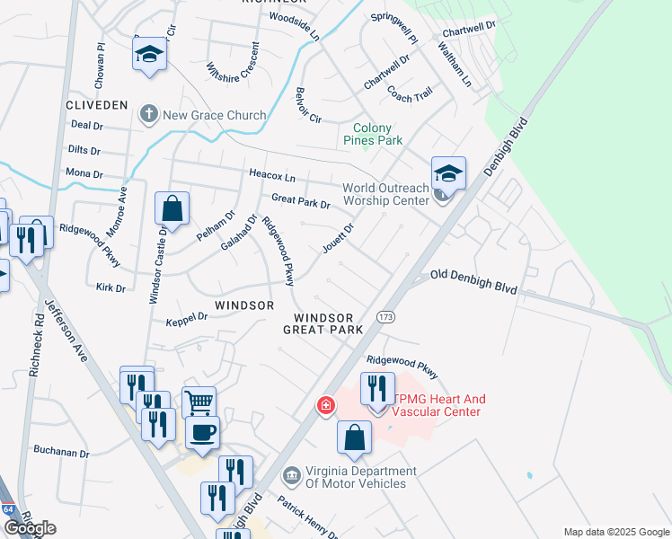 map of restaurants, bars, coffee shops, grocery stores, and more near 19 Fauquier Place in Newport News