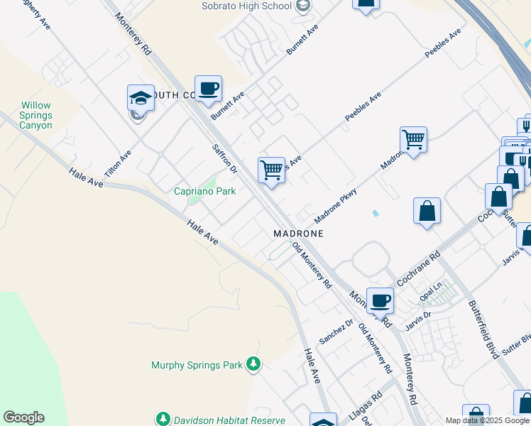 map of restaurants, bars, coffee shops, grocery stores, and more near 19051 Chicory Lane in Morgan Hill