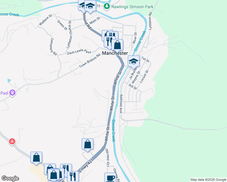 map of restaurants, bars, coffee shops, grocery stores, and more near US Highway 421 in Manchester