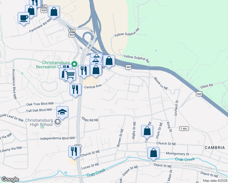 map of restaurants, bars, coffee shops, grocery stores, and more near 155 Central Avenue in Christiansburg