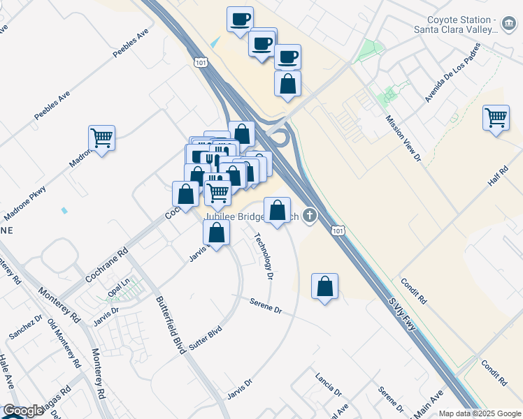 map of restaurants, bars, coffee shops, grocery stores, and more near 18450 Technology Drive in Morgan Hill