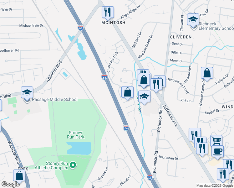 map of restaurants, bars, coffee shops, grocery stores, and more near 515 Chanticlar Court in Newport News
