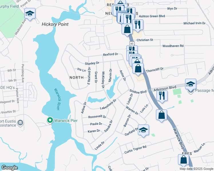 map of restaurants, bars, coffee shops, grocery stores, and more near 14 Marvin Drive in Newport News