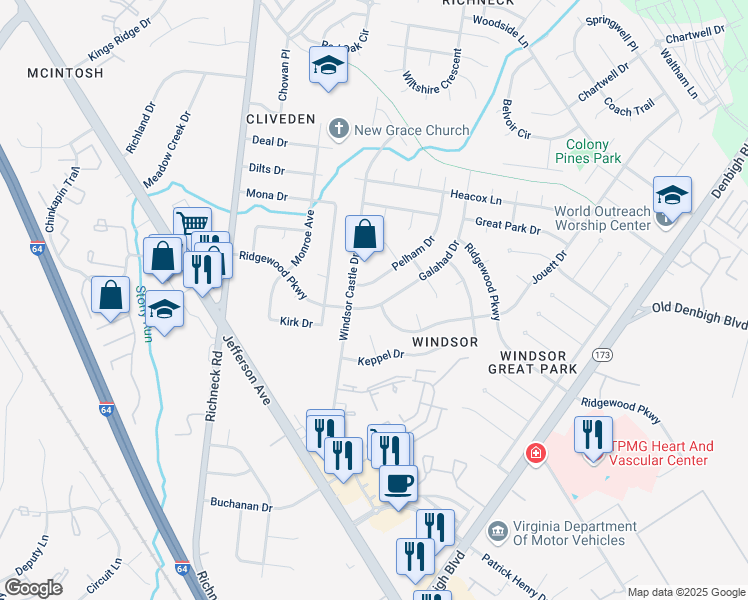 map of restaurants, bars, coffee shops, grocery stores, and more near 711 Jouett Drive in Newport News