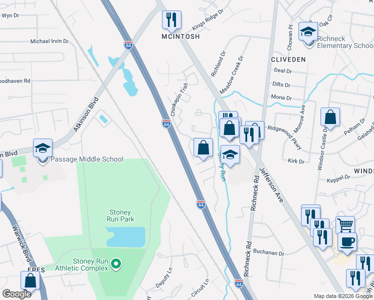 map of restaurants, bars, coffee shops, grocery stores, and more near 515 Chanticlar Court in Newport News