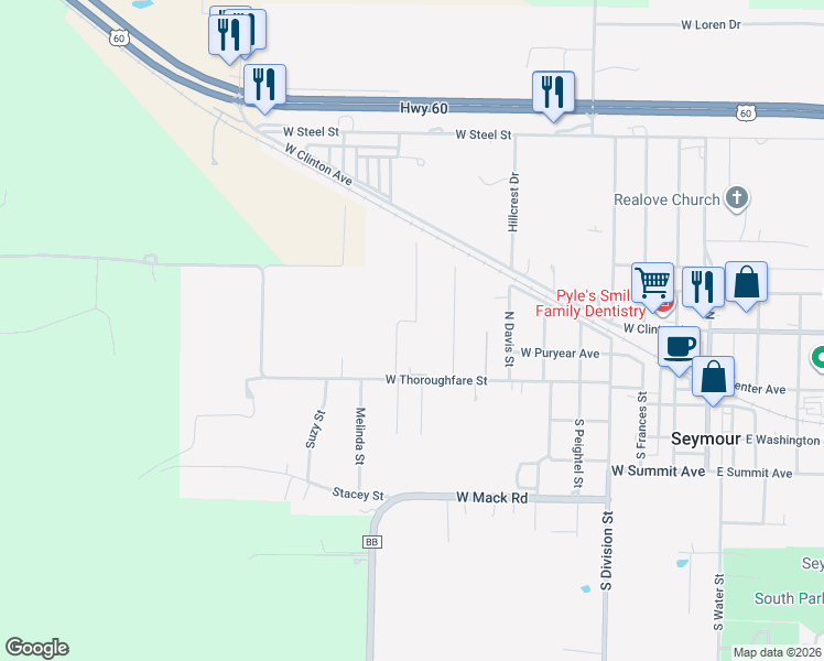 map of restaurants, bars, coffee shops, grocery stores, and more near 851 West Thoroughfare Street in Seymour