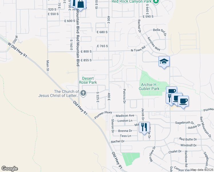 map of restaurants, bars, coffee shops, grocery stores, and more near 1025 South 375 Street East in Ivins