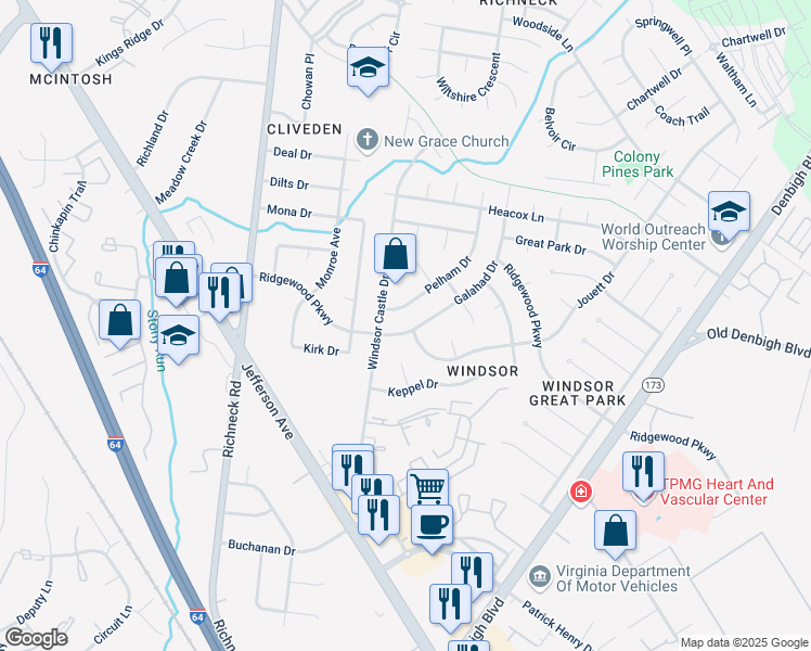 map of restaurants, bars, coffee shops, grocery stores, and more near 711 Jouett Drive in Newport News
